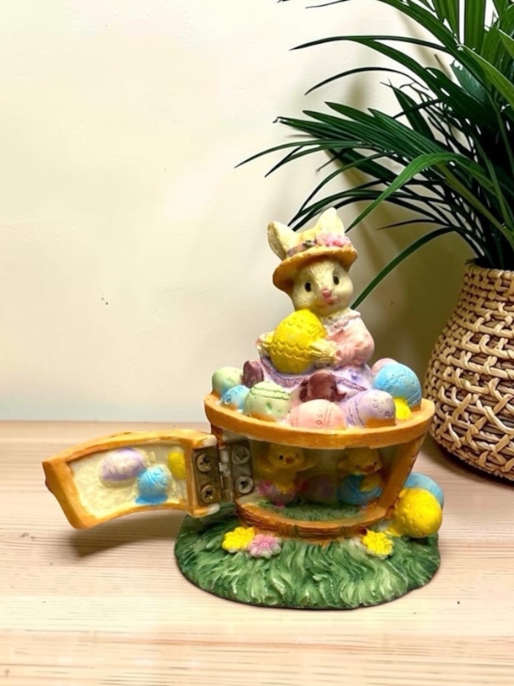Vintage Easter Bunny Basket Figurine – Hidden Chick Compartment - Nostalgia